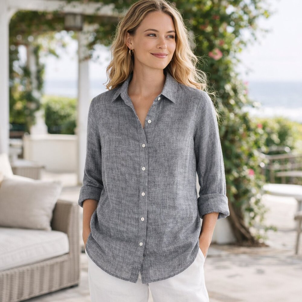 J.Jill Love Linen Essential Gray Linen Shirt Petite S Relaxed Btn-Down LS Travel